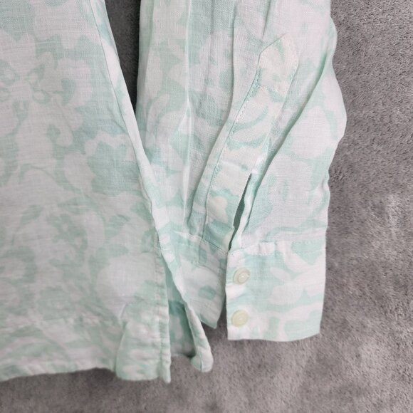 Womens Charter Club Blouse Shirt 100% Linen Teal White Floral Button Up Size 14 - Picture 5 of 10